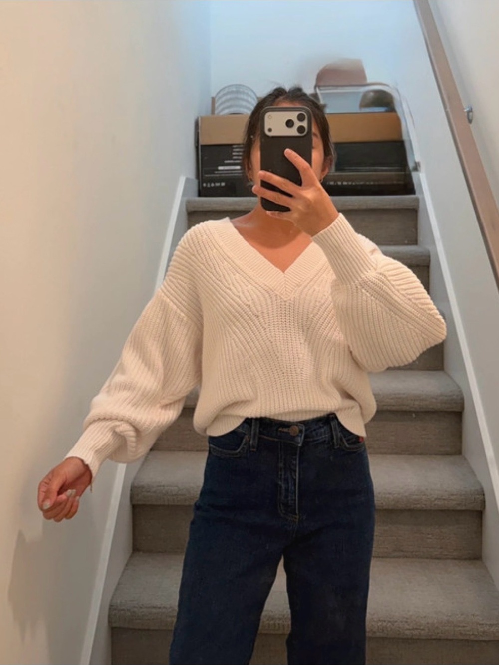 Truth by Republic white V-Neck Puff Balloon Sleeve Sweater S
